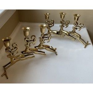 Polished Brass Reindeer 3 Pillar Candleholder Candelabra Vintage- Set Of 2